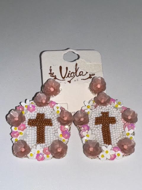 Pink Flower Cross Earrings