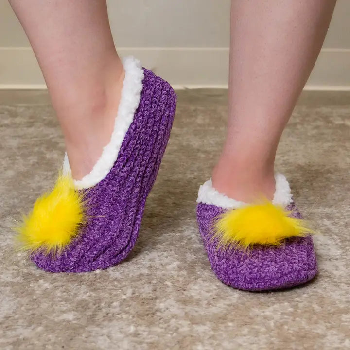 Women's Pom Pom Sherpa Footies Purple/Yellow -Asst