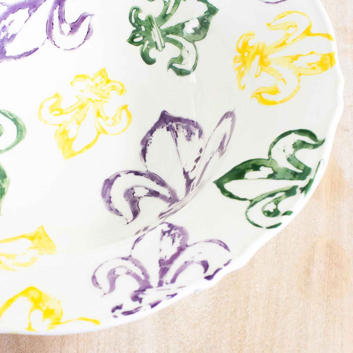 Watercolor Fleur de Lis Serving Bowl Purple/Green/Yellow