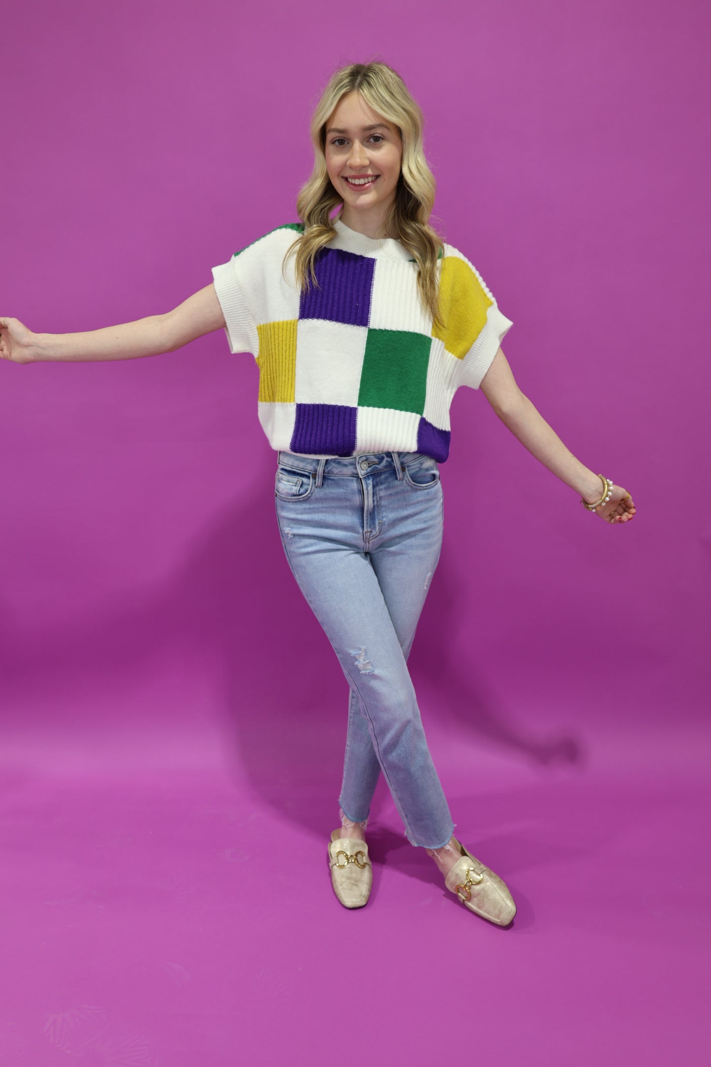 Mardi Gras Check Plaid Sweater