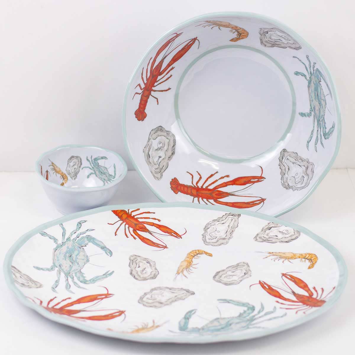 Seafood Melamine Bowl   White/Red/Light Blue  11"