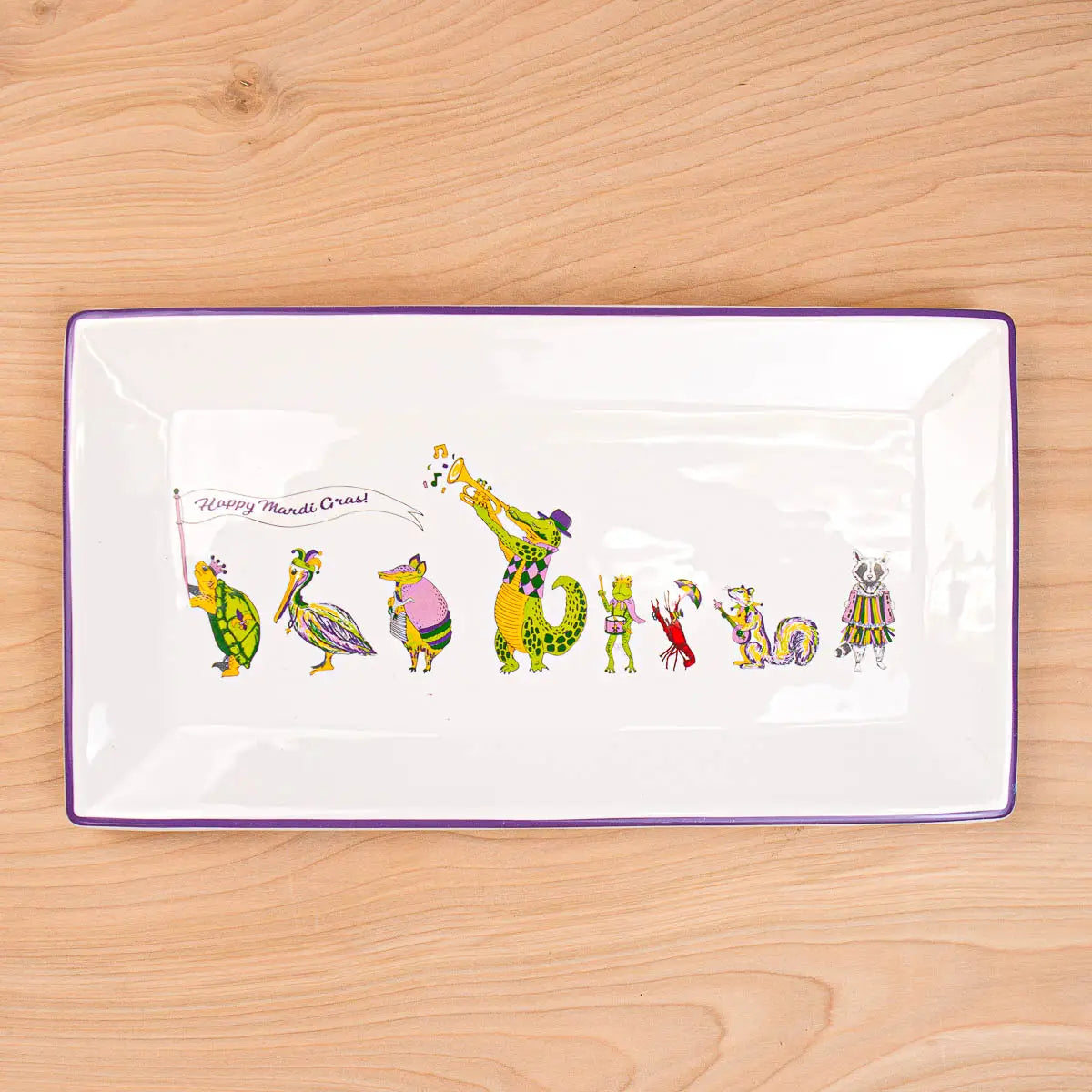 Mardi Gras Band Rectangle Platter White/Purple/Green/Yellow 12x6.5