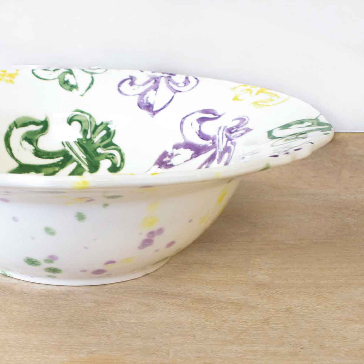 Watercolor Fleur de Lis Serving Bowl Purple/Green/Yellow