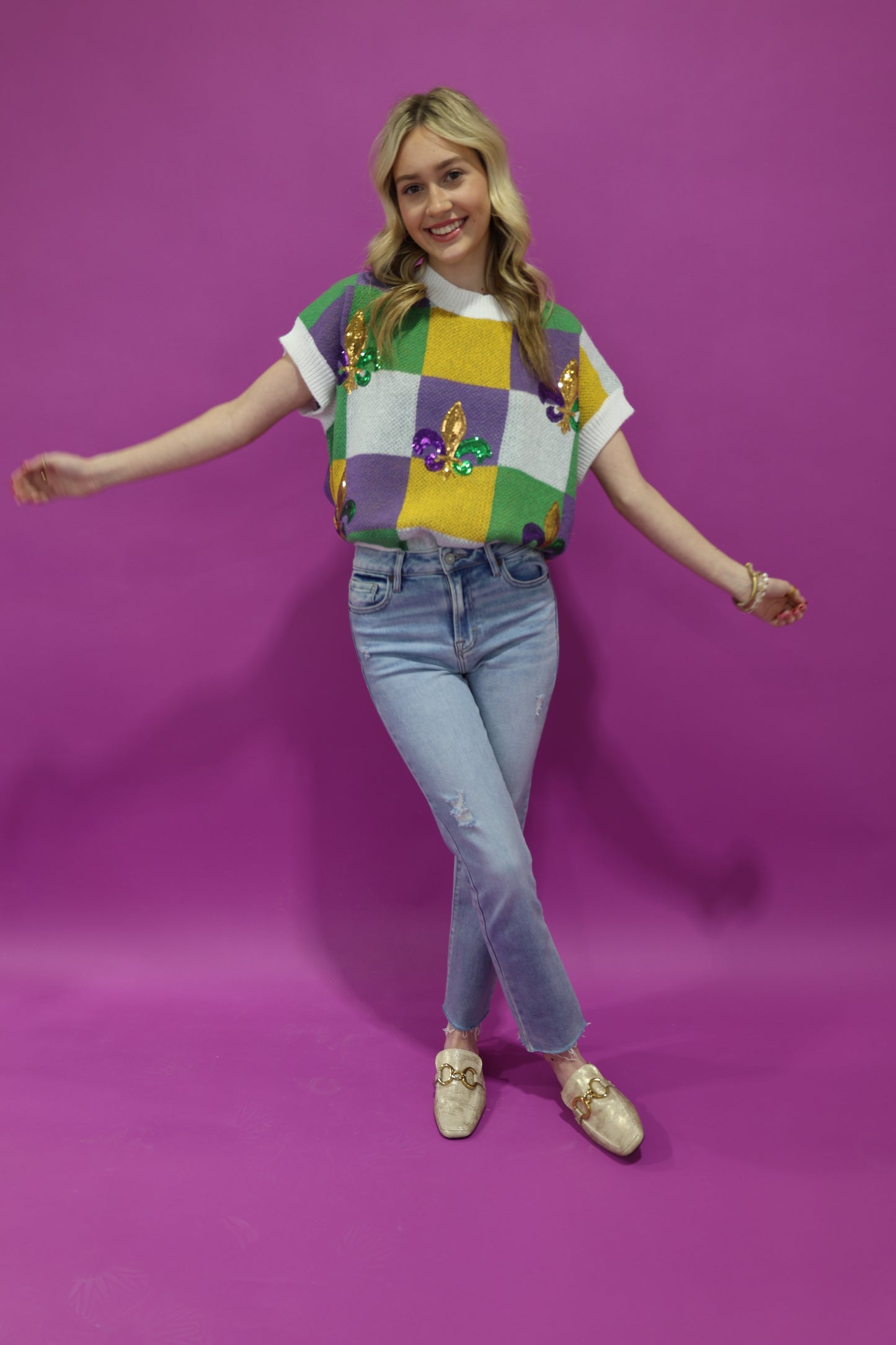 Mardi Gras Seqin Checker Sweater