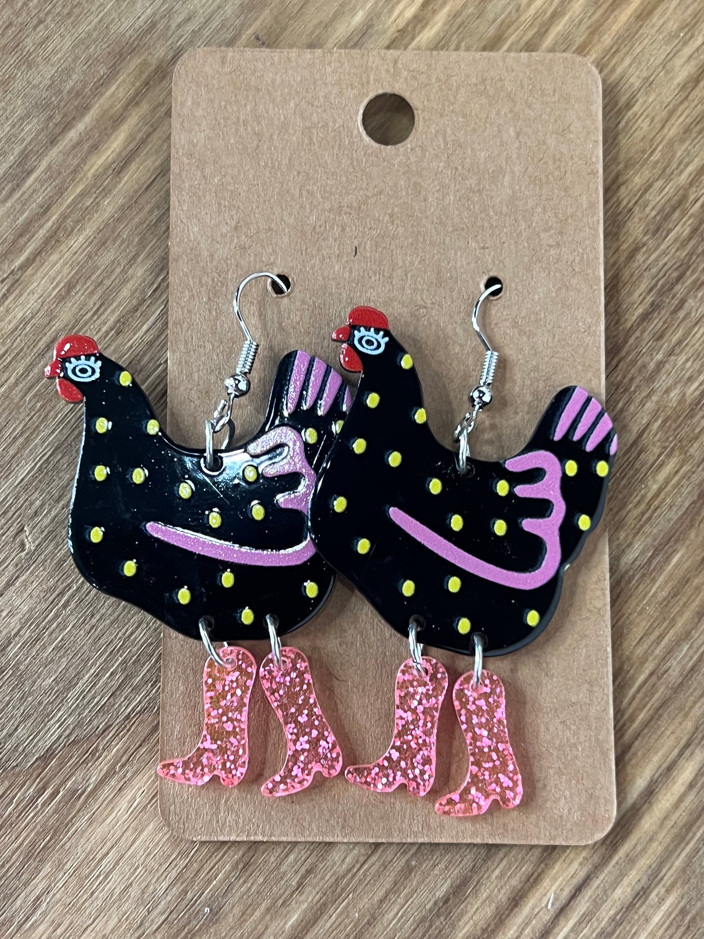 Chicken Earrings Blk/Pink