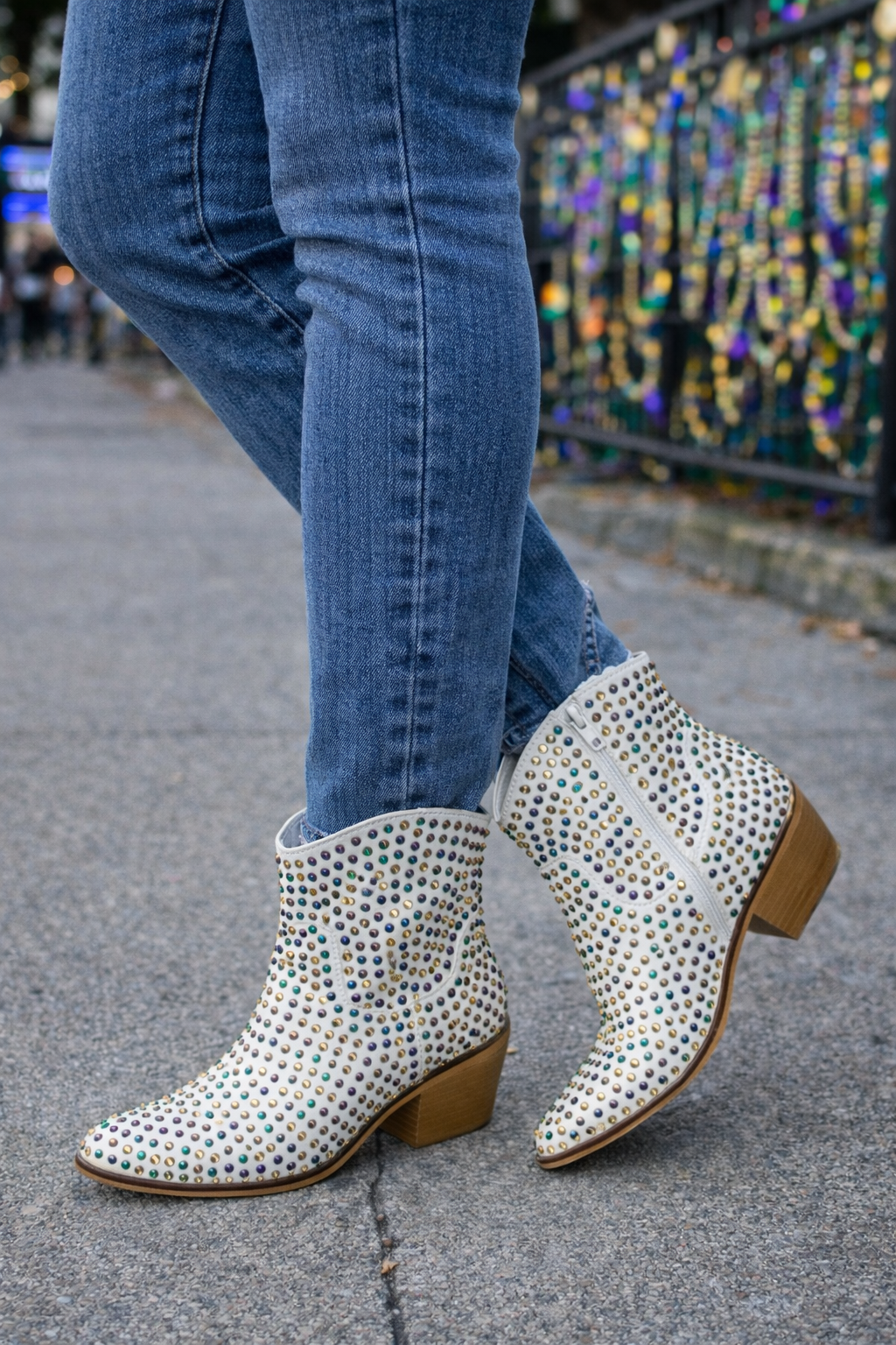 🚨 PRE-ORDER ITEM – MINIMUM ORDER REQUIRED Mardi Gras Rhinestone Ankle Boots ✨💜💛💚