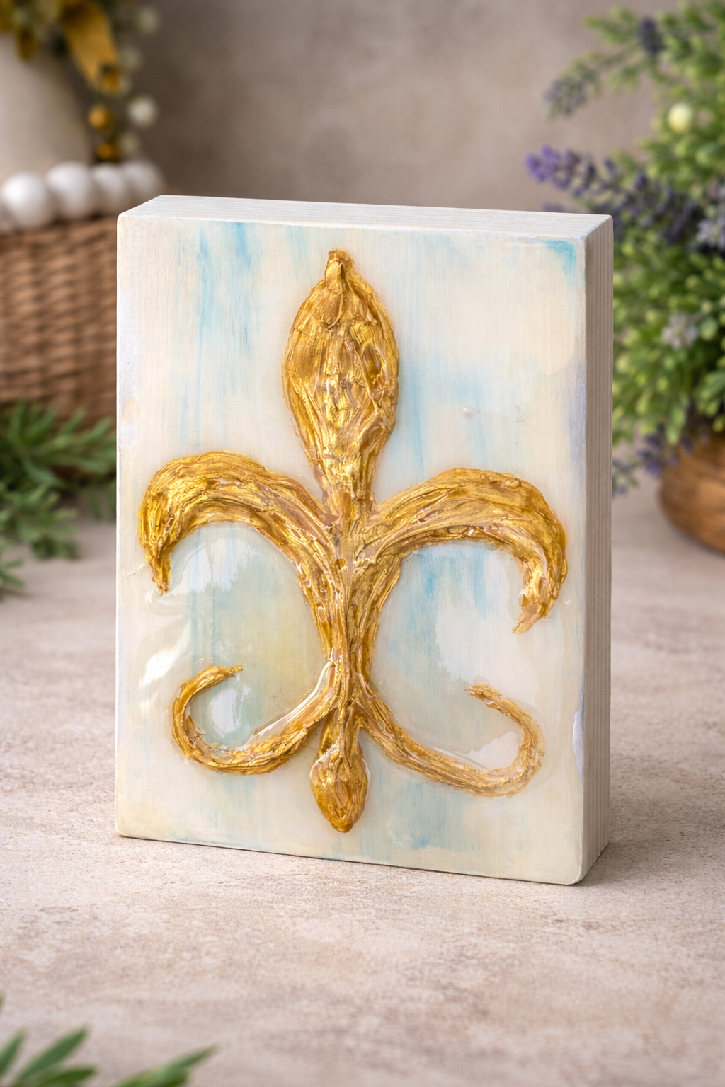 Hand-Painted Fleur-de-Lis Wood Block
