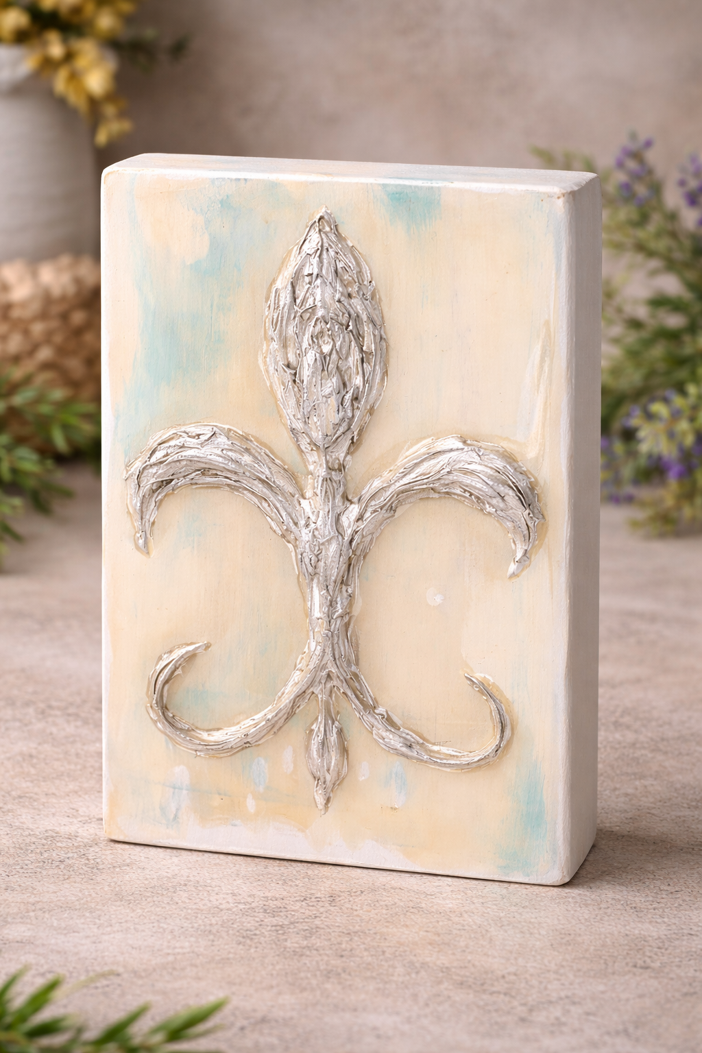 Hand-Painted Fleur-de-Lis Wood Block