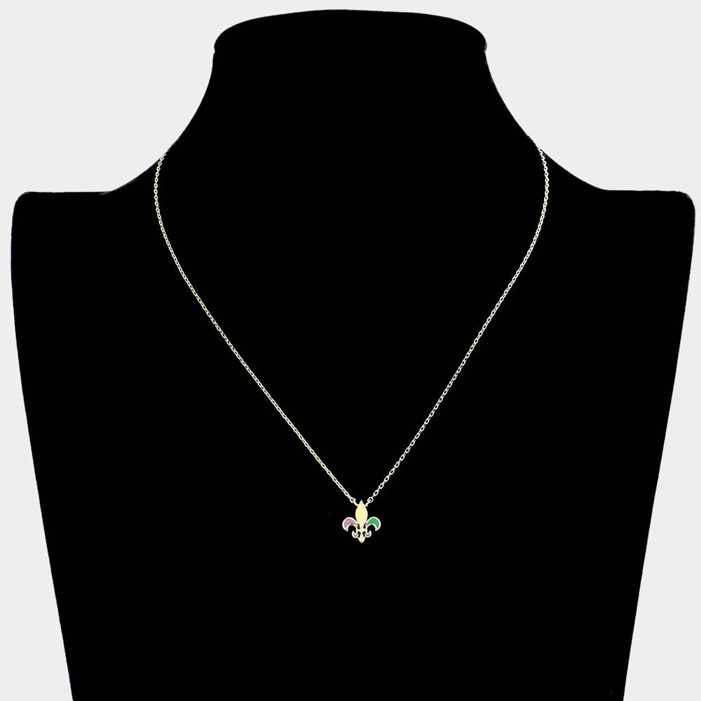 Mardi Gras Brass Metal Enamel Fleur de Lis Pendant Necklace