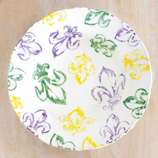 Watercolor Fleur de Lis Serving Bowl Purple/Green/Yellow