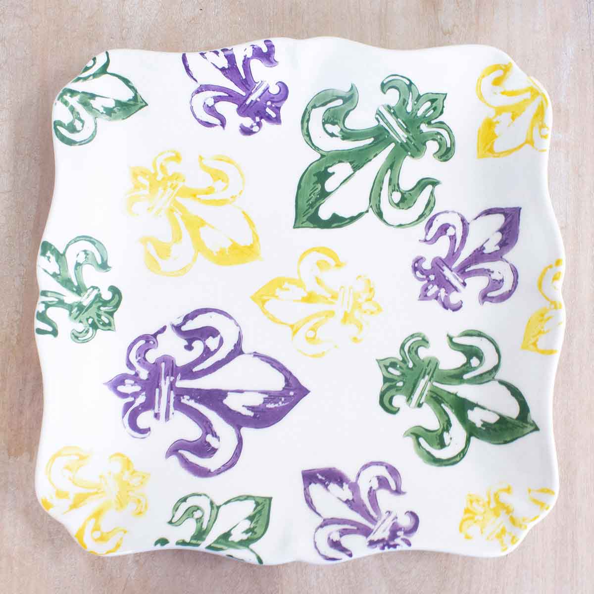 Watercolor Fleur de Lis Platter Purple/Green/Yellow 11x11x1